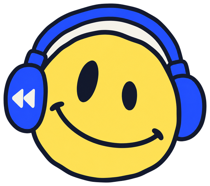 Throwback mascot: a yellow smiley wearing blue headphones